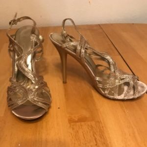 Gold Strappy Peep Toe High Heels